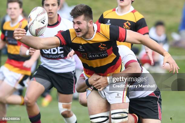 Laghlan McWhannell of Waikato spills the ball during the Jock Hobbs memorial tournament match between Waikato and North Harbour on September 13, 2017...