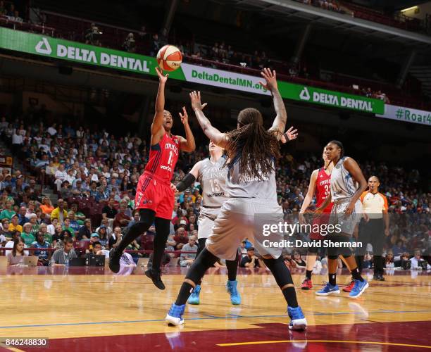 Ivory Latta of the Washington Mystics shoots the ball against the Minnesota Lynx in Game One of the Semifinals during the 2017 WNBA Playoffs on...