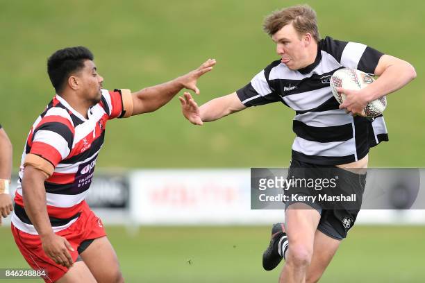 Isaac Thomas of Hawke's Bay fends during the Jock Hobbs memorial tournament match between Counties Manukau and Hawkes Bay on September 13, 2017 in...