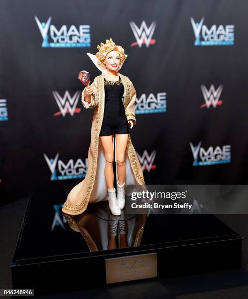 Mae Young one of a kind fashion doll created by Mattel and designed by Linda Jane is displayed on the red carpet of the WWE Mae Young Classic on...