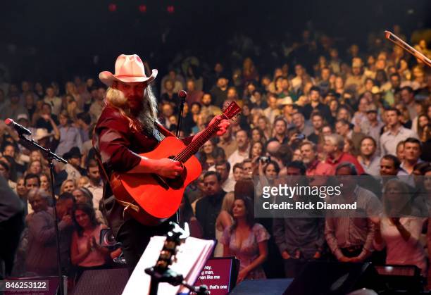 Chris Stapleton performs onstage during George Strait's Hand in Hand Texas benefit concert; Strait and special guests Miranda Lambert, Chris...