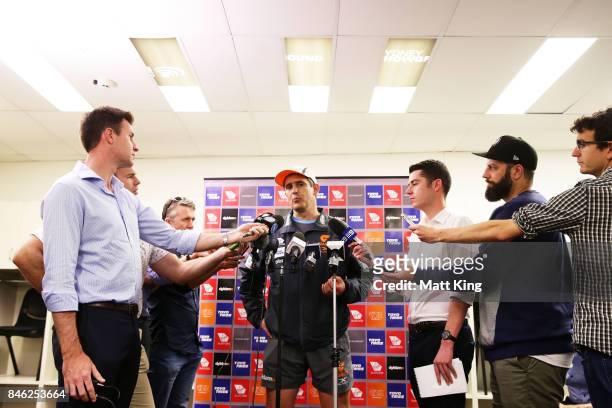 Giants head coach Leon Cameron speaks to the media during the Greater Western Sydney Giants AFL training session at Spotless Stadium on September 13,...