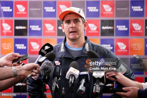 Giants head coach Leon Cameron speaks to the media during the Greater Western Sydney Giants AFL training session at Spotless Stadium on September 13,...