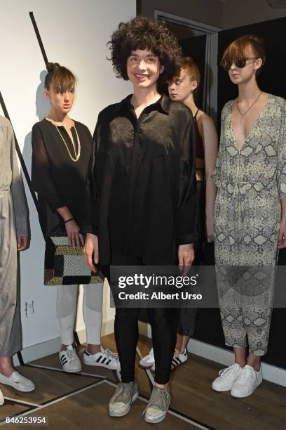 Designer Veronika Brusa poses with models at the Berenik presentation during New York Fashion Week on September 12, 2017 in New York City.