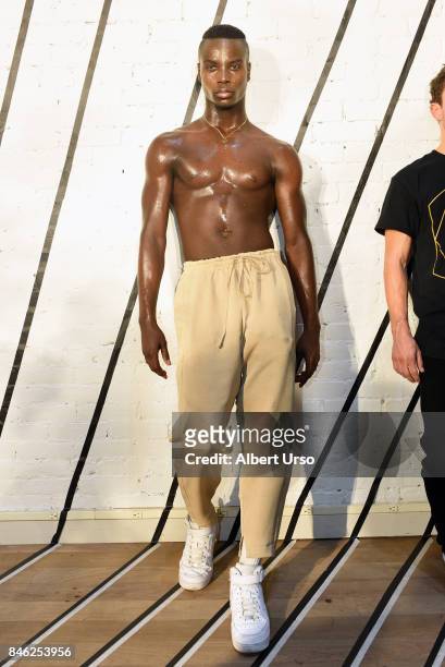 Model poses at the Berenik presentation during New York Fashion Week on September 12, 2017 in New York City.