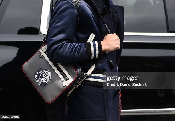 Xu Weizhou aka Timmy Xu, bag detail, is seen outside the Coach show during New York Fashion Week: Women's S/S 2018 on September 12, 2017 in New York...