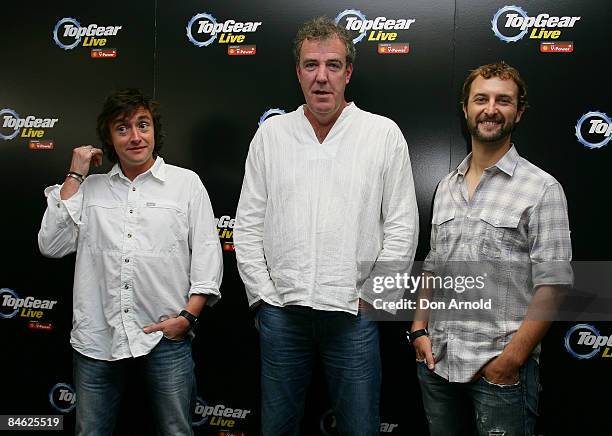 Richard Hammond, Jeremy Clarkson and Steve Pizzati pose during a press conference for `Top Gear Live` in the Rocks on February 4, 2009 in Sydney,...