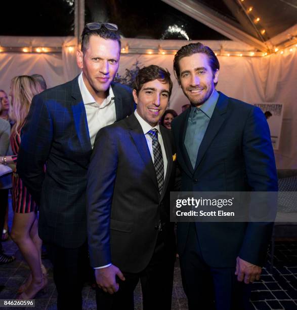 Kevin Horst, from left, Boston Marathon bombing survivor Jeff Bauman and actor Jake Gyllenhaal at the after party following the Boston Premiere of...