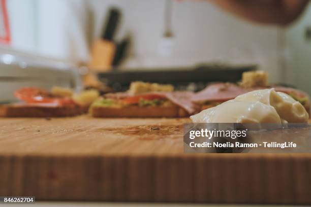 messthetics: spanish food preparation (tapas style) and mess - messy kitchen stock pictures, royalty-free photos & images