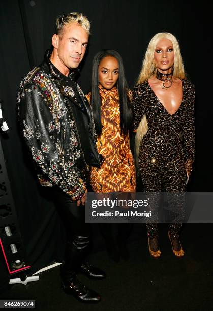 David Blond, Rachel Lindsay and Phillipe Blond pose backstage at The Blonds fashion show during New York Fashion Week: The Shows at Gallery 1,...