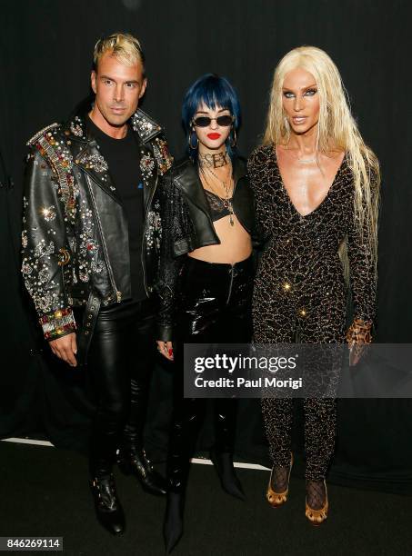 David Blond, Sita Abellan and Phillipe Blond pose backstage at The Blonds fashion show during New York Fashion Week: The Shows at Gallery 1, Skylight...