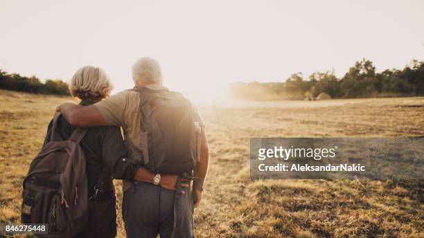 senior couple hiking - wide stock pictures, royalty-free photos & images