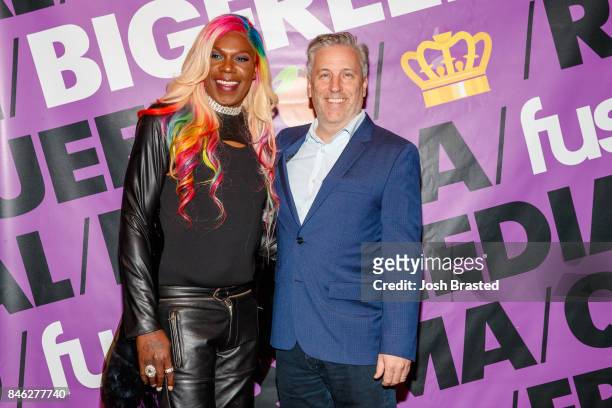 Big Freedia and Michael Dugan pose for a photo at a screening of 'Big Freedia Bounces Back' airing Tuesdays on Fuse @ 10/9c at the Ace Hotel on...