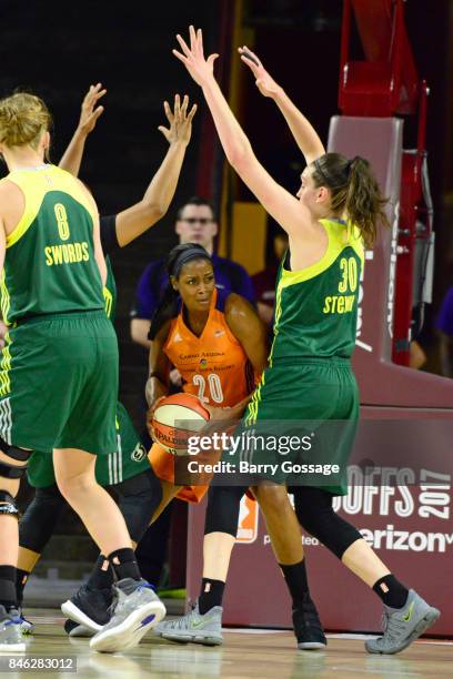 Camille Little of the Phoenix Mercury handles the ball during the game against the Seattle Storm in Round One of the 2017 WNBA Playoffs on September...