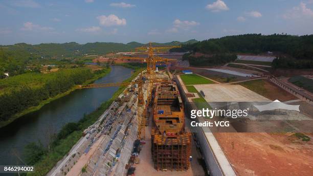 Aerial view of the construction site of full-size Titanic replica at Daying County on September 12, 2017 in Suining, Sichuan Province of China. When...