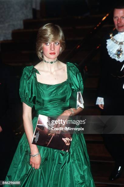 Princess Diana, the Princess of Wales, attends a charity concert at the Barbican, given as a belated wedding gift by Russian cellist Mstislav...