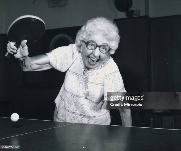 Year old pensioner Edna Brock playing table tennis, Edna has been playing the game for 58 years, 1982.