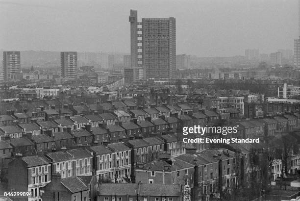 Aerial view of housing and buildings in North Kensington including the Trellick Tower flats designed by Erno Goldfinger, London, UK, 14th January...