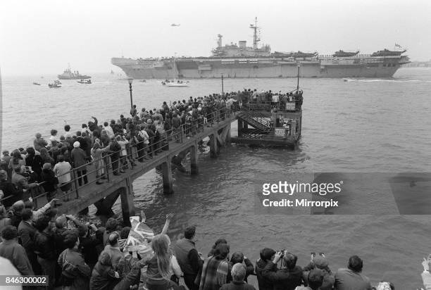 Royal Navy task force set sail for the Falklands following the invasion by Argentine forces. Our Picture Shows: HMS Hermes flag shipof the task force...