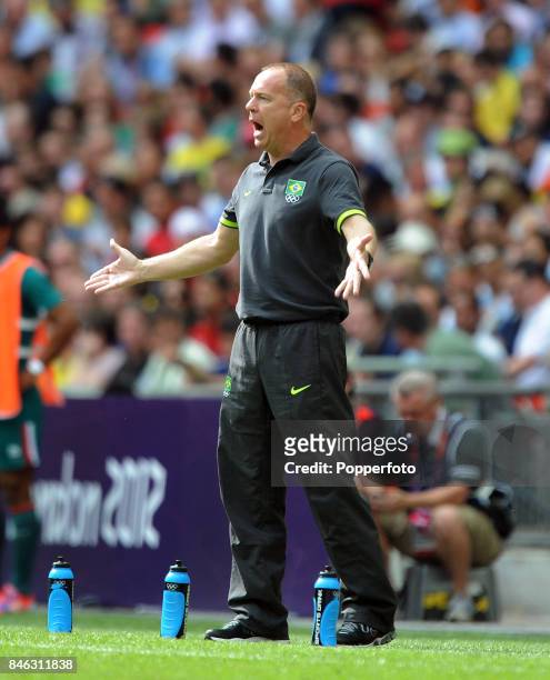 Brazil coach Mano Menezes reacts during the Men's Football Final between Brazil and Mexico on Day 15 of the London 2012 Olympic Games at Wembley...
