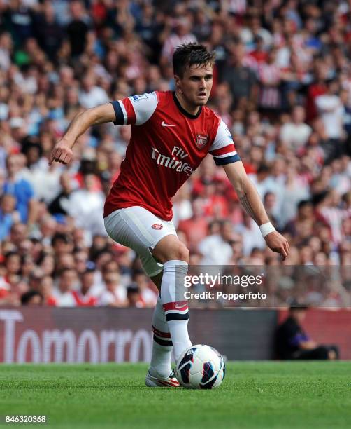 Carl Jenkinson of Arsenal in action during the Barclays Premier League match between Arsenal and Sunderland at the Emirates Stadium on August 18,...