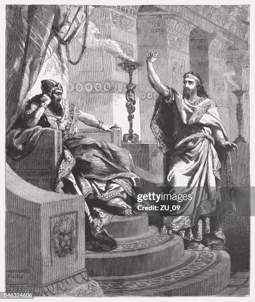 daniel interprets nebuchadnezzar’s dream (daniel 4), wood engraving, published 1886 - palace interior stock illustrations