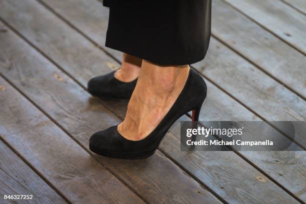 Shoes worn by Princess Madeleine of Sweden while attending the "The Invisibility Project" seminar hosted by My Great-Day foundation at Grona Lund on...