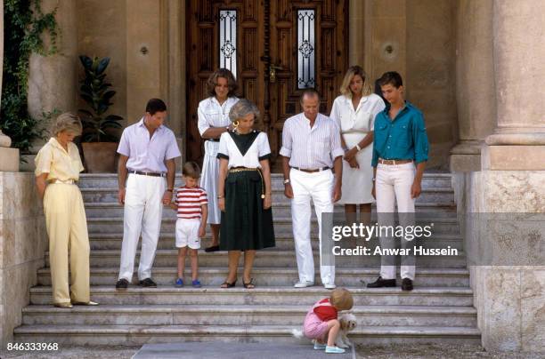 Prince Harry plays with a dog watched by Diana, Princess of Wales, wearing a yellow jumpsuit, Prince Charles, Prince of Wales, Prince William,...