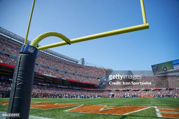 Detailed view of a NFL goal post at Soldier Field with the NFL logo visible around the padding of the post is seen during an NFL football game...