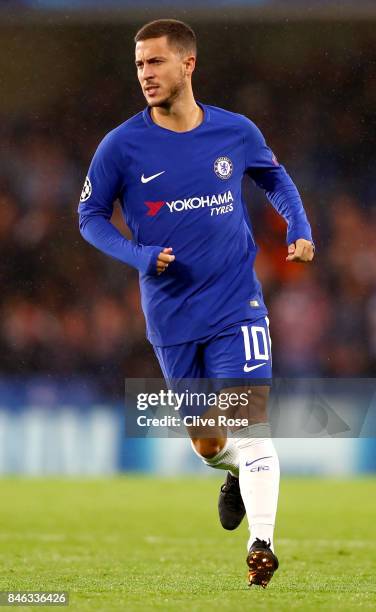 Eden Hazard of Chelsea in action during the UEFA Champions League Group C match between Chelsea FC and Qarabag FK at Stamford Bridge on September 12,...