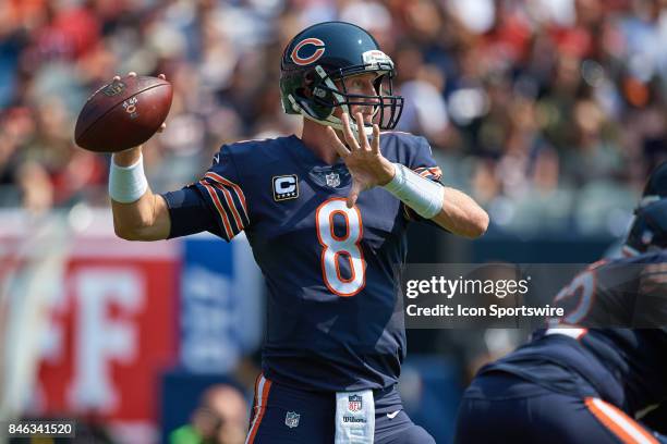 Chicago Bears quarterback Mike Glennon looks to throw the football during an NFL football game between the Atlanta Falcons and the Chicago Bears on...