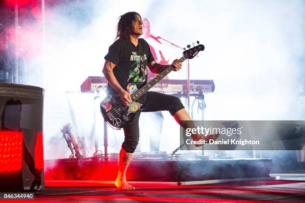 Musician Robby Takac of Goo Goo Dolls performs on stage at Cal Coast Credit Union Open Air Theatre on September 12, 2017 in San Diego, California.