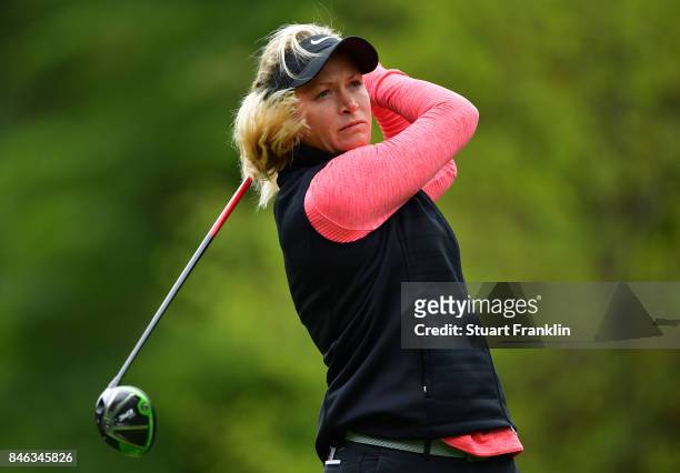 Suzann Pettersen of Norway plays a shot during the pro - am prior to the start of The Evian Championship at Evian Resort Golf Club on September 13,...