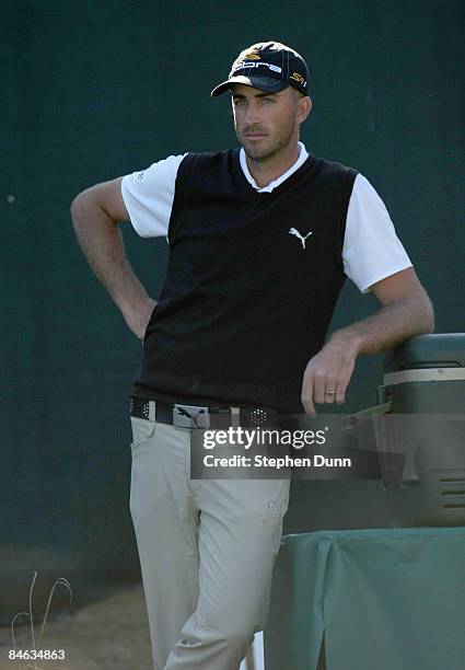 Geoff Ogilvy of Australia waits to tee off on the 16th hole during the final round of the FBR Open on February 1, 2009 at TPC Scottsdale in...