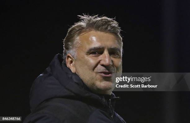 George Katsakis, coach of Heidelberg United FC looks on during the FFA Cup Quarter Final match between Heidelberg United FC and Adelaide United at...