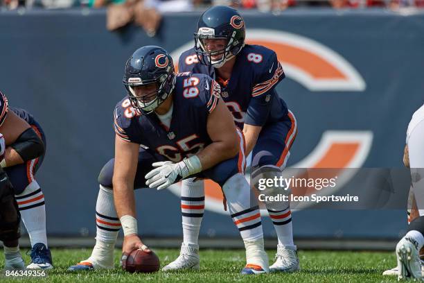 Chicago Bears center Cody Whitehair gets ready to snap the football to Chicago Bears quarterback Mike Glennon during an NFL football game between the...