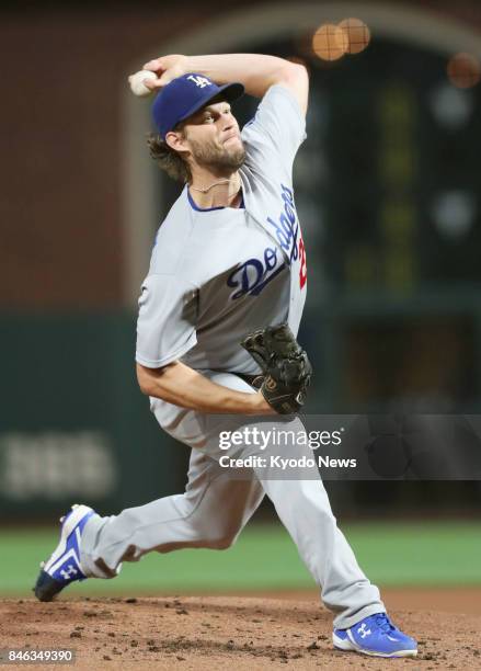 Clayton Kershaw of the Los Angeles Dodgers pitches against the San Francisco Giants at AT&amp;T Park in San Francisco on Sept. 12, 2017. Kershaw...