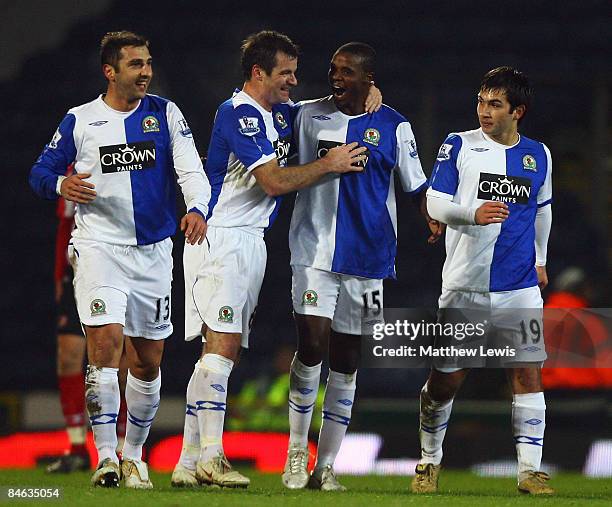 Aaron Mokoena of Blackburnis conratulated on his goal by Ryan Nelson during the FA Cup sponsored by E.on Fourth Round Replay match between Blackburn...