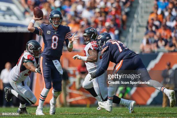 Chicago Bears quarterback Mike Glennon looks to throw the football during an NFL football game between the Atlanta Falcons and the Chicago Bears on...