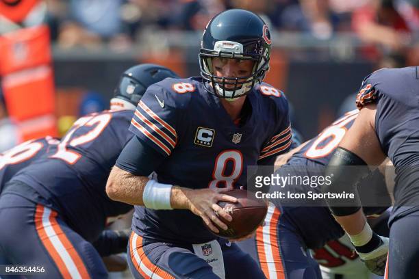 Chicago Bears quarterback Mike Glennon handles the football during an NFL football game between the Atlanta Falcons and the Chicago Bears on...
