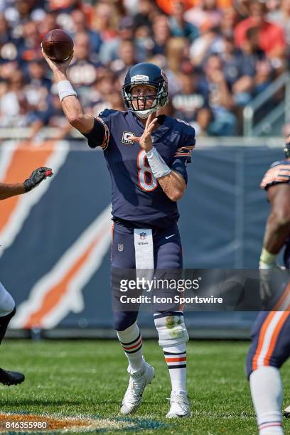Chicago Bears quarterback Mike Glennon looks to throw the football during an NFL football game between the Atlanta Falcons and the Chicago Bears on...