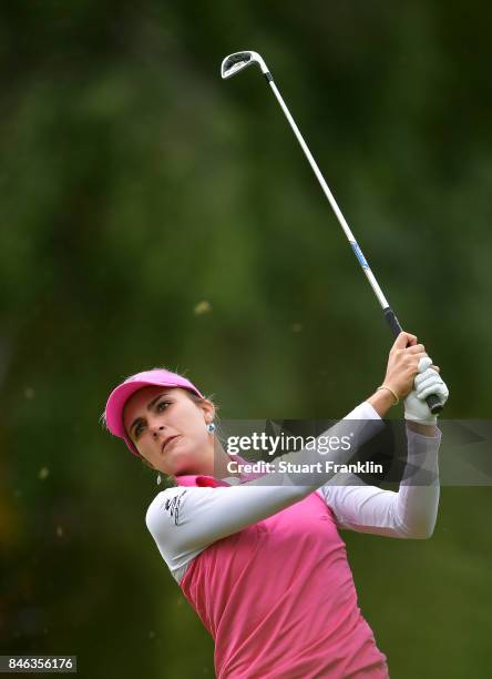 Lexi Thompson of USA plays a shot during the pro - am prior to the start of The Evian Championship at Evian Resort Golf Club on September 13, 2017 in...