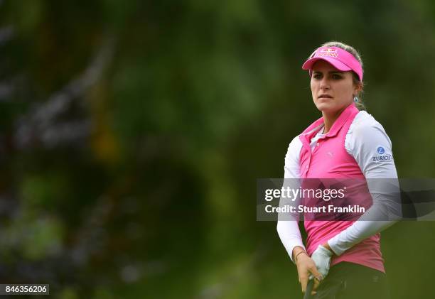 Lexi Thompson of USA plays a shot during the pro - am prior to the start of The Evian Championship at Evian Resort Golf Club on September 13, 2017 in...