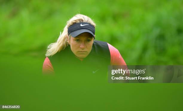 Suzann Pettersen of Norway lines up a putt during the pro - am prior to the start of The Evian Championship at Evian Resort Golf Club on September...