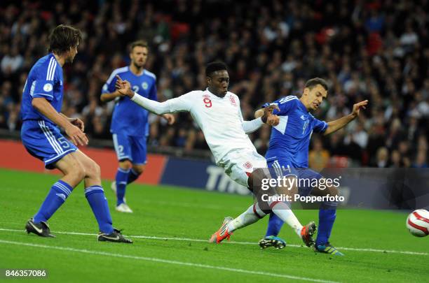 Danny Welbeck of England scoring England's 4th goal during the FIFA 2014 World Cup qualifying match between England and San Marino at Wembley Stadium...