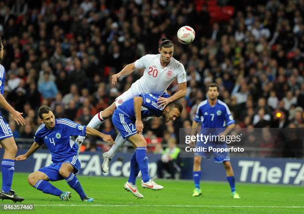 Andy Carroll of England in action during the FIFA 2014 World Cup qualifying match between England and San Marino at Wembley Stadium on October 12,...