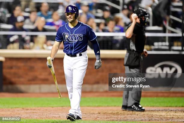 Danny Espinosa of the Tampa Bay Rays reacts against the New York Yankees at Citi Field on September 11, 2017 in the Flushing neighborhood of the...