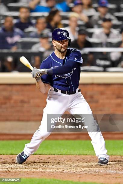 Danny Espinosa of the Tampa Bay Rays swings at a pitch against the New York Yankees at Citi Field on September 11, 2017 in the Flushing neighborhood...