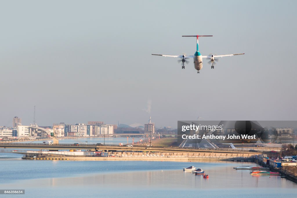 Aircraft landing at London City Airport, Royal Docks, London