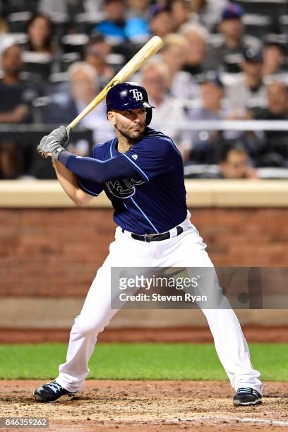 Danny Espinosa of the Tampa Bay Rays swings at a pitch against the New York Yankees at Citi Field on September 11, 2017 in the Flushing neighborhood...